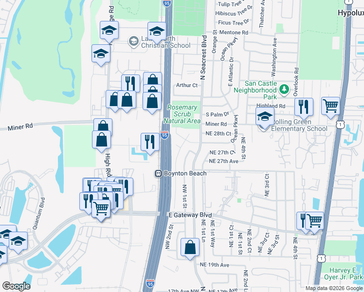 map of restaurants, bars, coffee shops, grocery stores, and more near 2766 Northwest 2nd Street in Boynton Beach