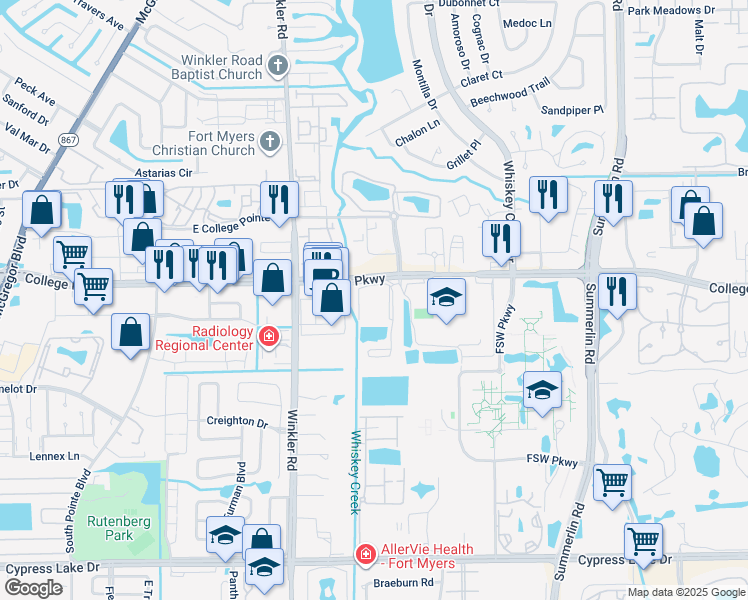 map of restaurants, bars, coffee shops, grocery stores, and more near 8351 College Parkway in Fort Myers