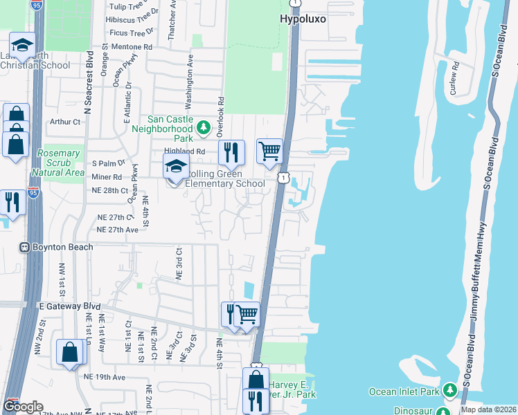 map of restaurants, bars, coffee shops, grocery stores, and more near 533 Waterside Drive in Hypoluxo