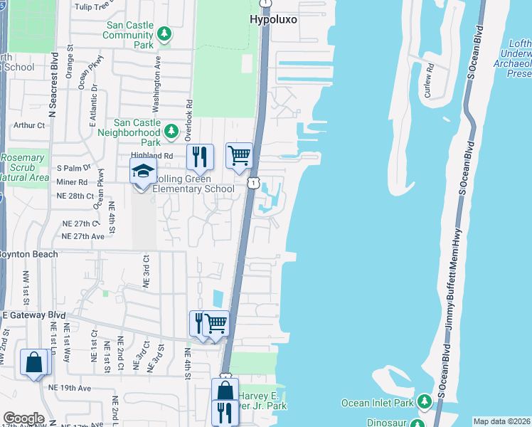 map of restaurants, bars, coffee shops, grocery stores, and more near 225 North Lakeshore Drive in Hypoluxo