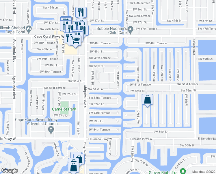 map of restaurants, bars, coffee shops, grocery stores, and more near 95 Southwest Courtyards Court in Cape Coral