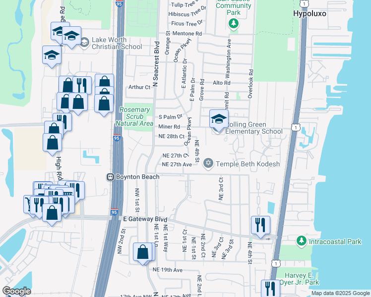 map of restaurants, bars, coffee shops, grocery stores, and more near 390 Ocean Parkway in Boynton Beach