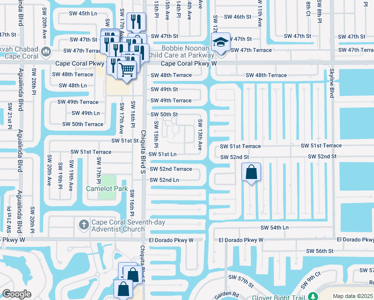 map of restaurants, bars, coffee shops, grocery stores, and more near 95 Southwest Courtyards Court in Cape Coral