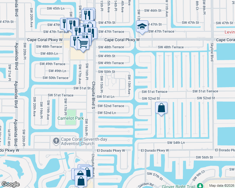 map of restaurants, bars, coffee shops, grocery stores, and more near 95 Southwest Courtyards Court in Cape Coral