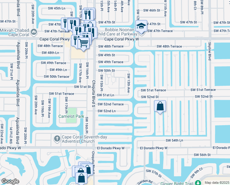 map of restaurants, bars, coffee shops, grocery stores, and more near 95 Southwest Courtyards Court in Cape Coral