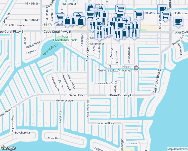 map of restaurants, bars, coffee shops, grocery stores, and more near 5136 York Court in Cape Coral