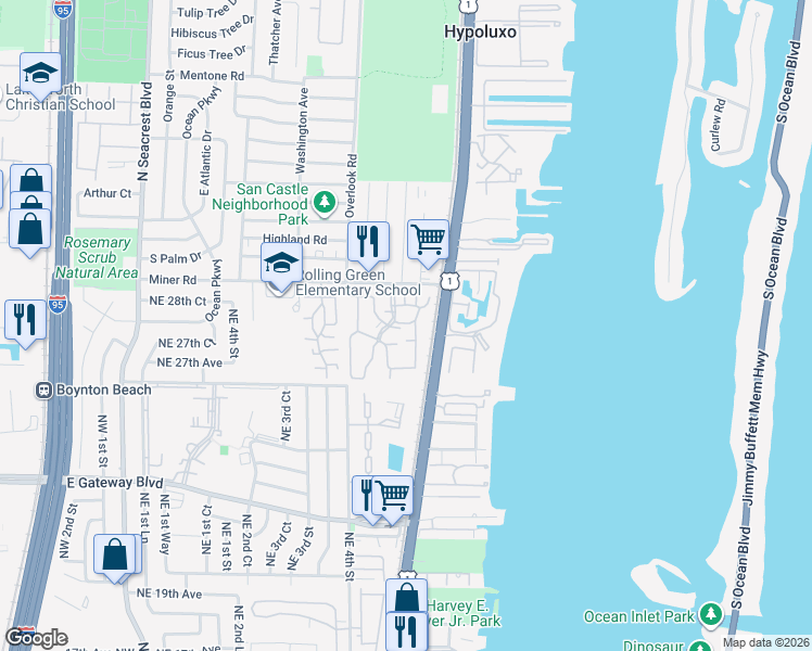 map of restaurants, bars, coffee shops, grocery stores, and more near 533 Waterside Drive in Hypoluxo