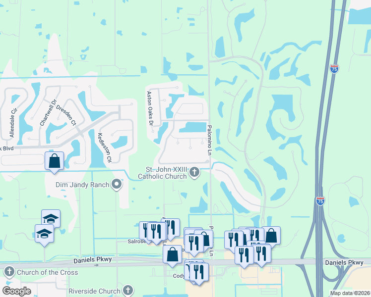 map of restaurants, bars, coffee shops, grocery stores, and more near 12841 Oakpointe Circle in Fort Myers