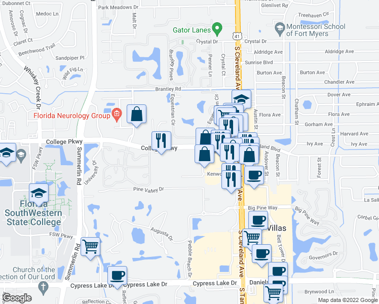 map of restaurants, bars, coffee shops, grocery stores, and more near in Villas