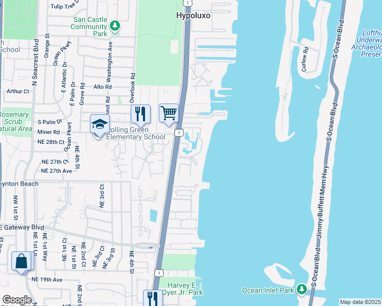 map of restaurants, bars, coffee shops, grocery stores, and more near 233 North Lakeshore Drive in Hypoluxo