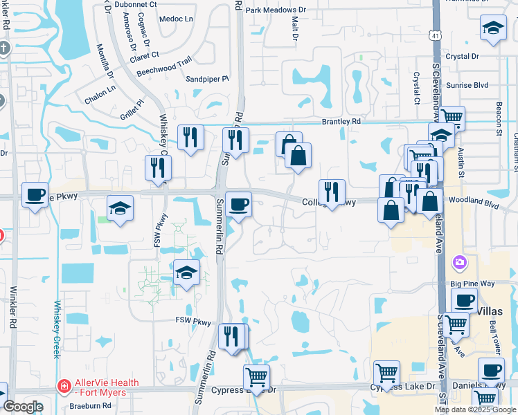 map of restaurants, bars, coffee shops, grocery stores, and more near 3413 New South Province Boulevard in Fort Myers