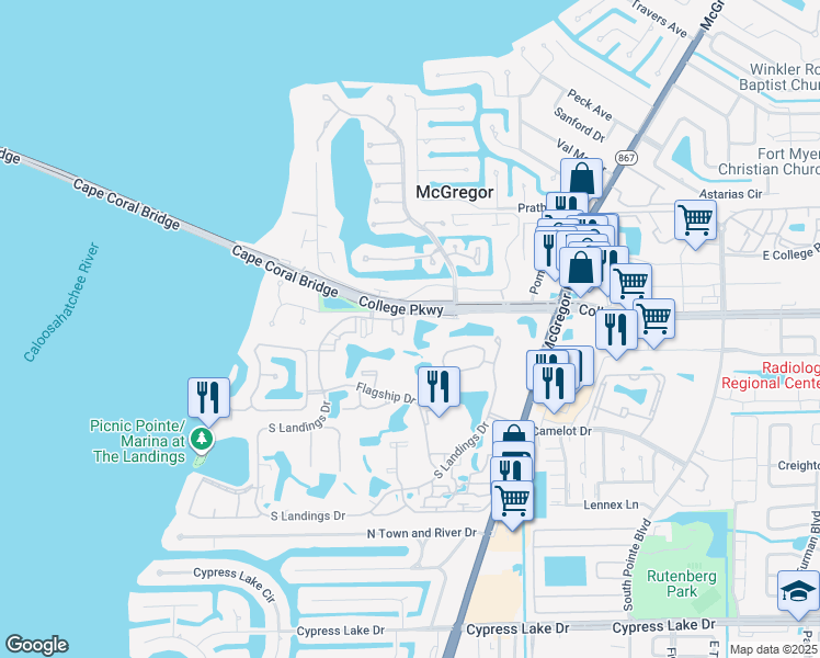 map of restaurants, bars, coffee shops, grocery stores, and more near 4100 Magnolia Pointe in Fort Myers