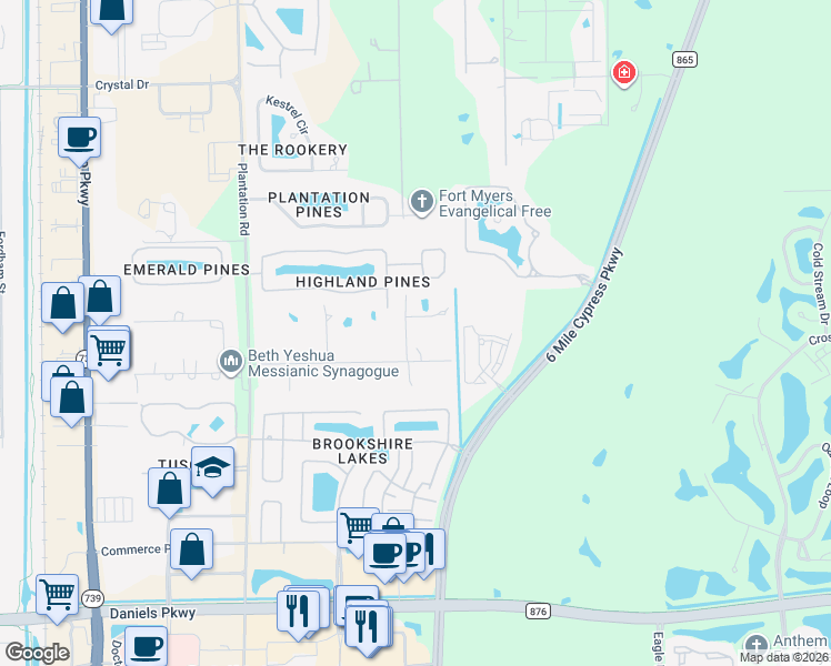 map of restaurants, bars, coffee shops, grocery stores, and more near 12857 Honeysuckle Road in Fort Myers