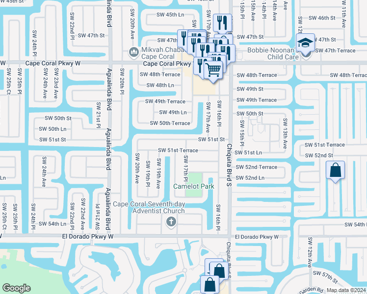 map of restaurants, bars, coffee shops, grocery stores, and more near 1733 Southwest 51st Terrace in Cape Coral