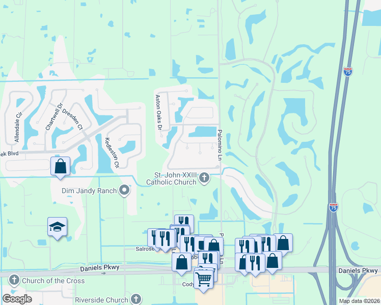 map of restaurants, bars, coffee shops, grocery stores, and more near 12841 Oakpointe Circle in Fort Myers