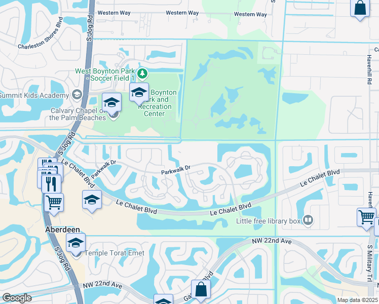 map of restaurants, bars, coffee shops, grocery stores, and more near Parkwalk Drive in Boynton Beach