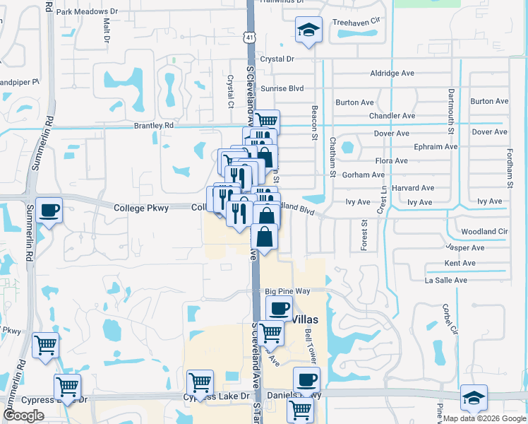 map of restaurants, bars, coffee shops, grocery stores, and more near 12751 South Cleveland Avenue in Fort Myers