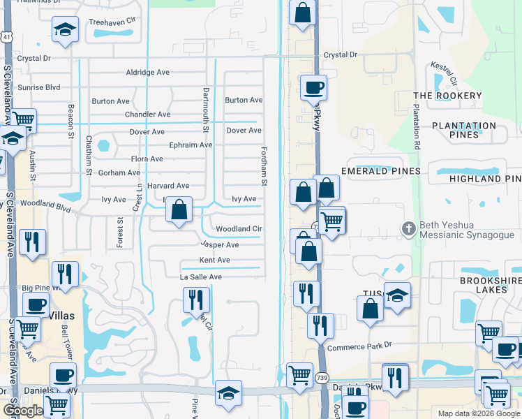 map of restaurants, bars, coffee shops, grocery stores, and more near 8821 Fordham Street in Fort Myers