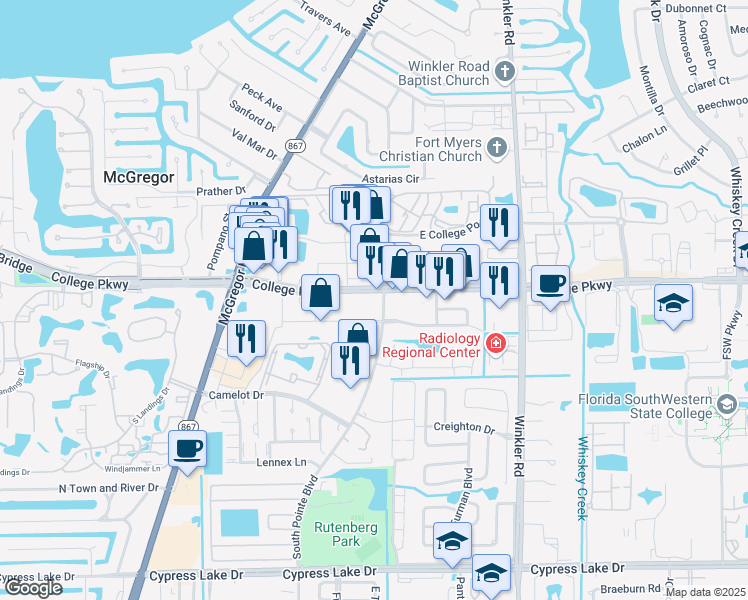 map of restaurants, bars, coffee shops, grocery stores, and more near 9041 College Parkway in Fort Myers