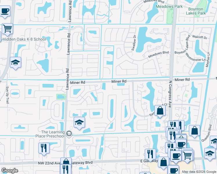 map of restaurants, bars, coffee shops, grocery stores, and more near 3600 Miner Road in Boynton Beach
