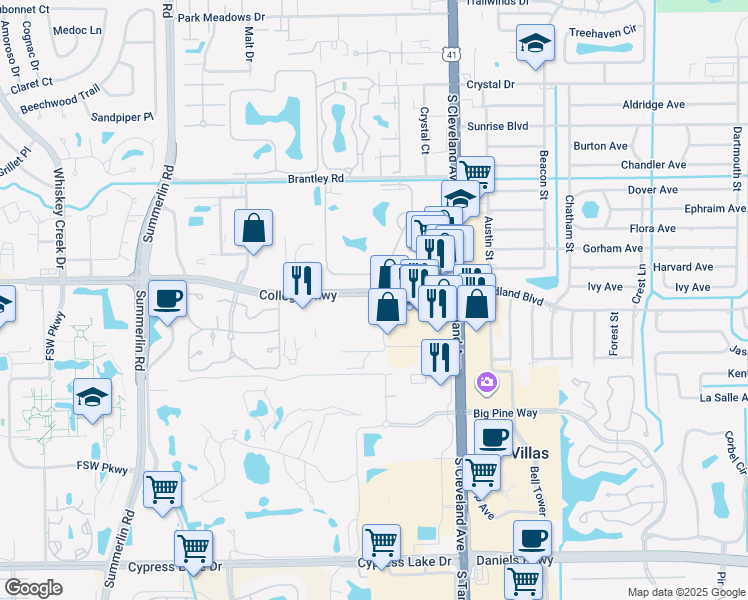 map of restaurants, bars, coffee shops, grocery stores, and more near in Villas