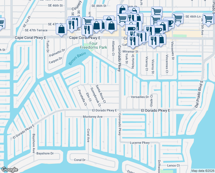 map of restaurants, bars, coffee shops, grocery stores, and more near 713 Sesame Court in Cape Coral