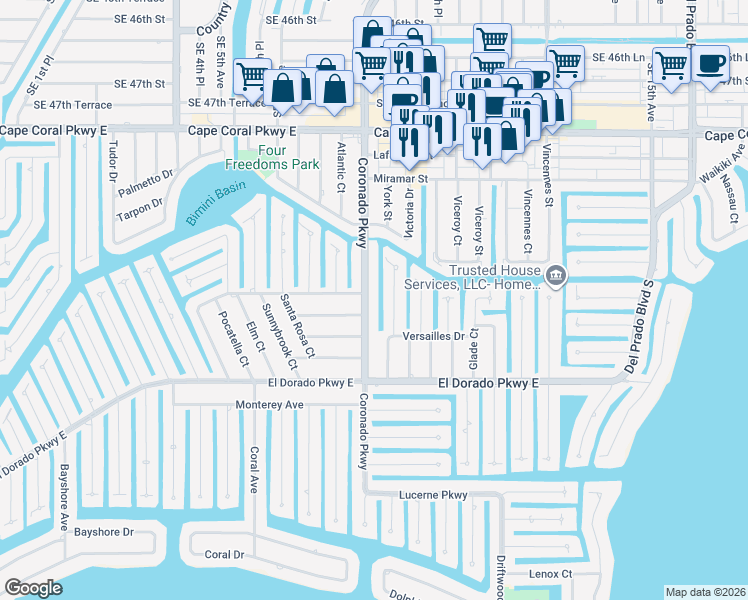 map of restaurants, bars, coffee shops, grocery stores, and more near 5205 Coronado Parkway in Cape Coral