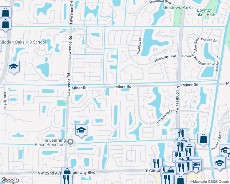 map of restaurants, bars, coffee shops, grocery stores, and more near 3600 Miner Road in Boynton Beach