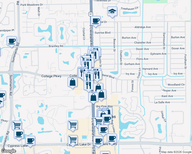 map of restaurants, bars, coffee shops, grocery stores, and more near 12751 South Cleveland Avenue in Fort Myers