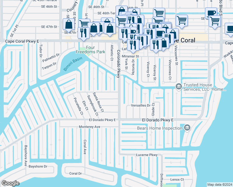map of restaurants, bars, coffee shops, grocery stores, and more near 737 Sesame Court in Cape Coral