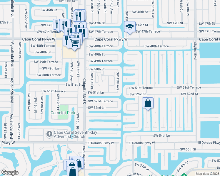 map of restaurants, bars, coffee shops, grocery stores, and more near 95 Southwest Courtyards Court in Cape Coral
