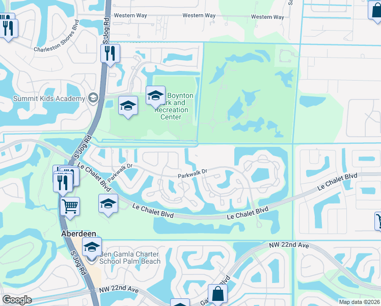 map of restaurants, bars, coffee shops, grocery stores, and more near 5965 Parkwalk Drive in Boynton Beach