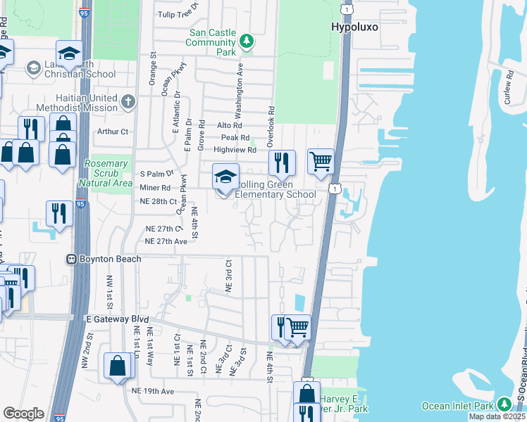 map of restaurants, bars, coffee shops, grocery stores, and more near 8110 Ambach Way in Hypoluxo