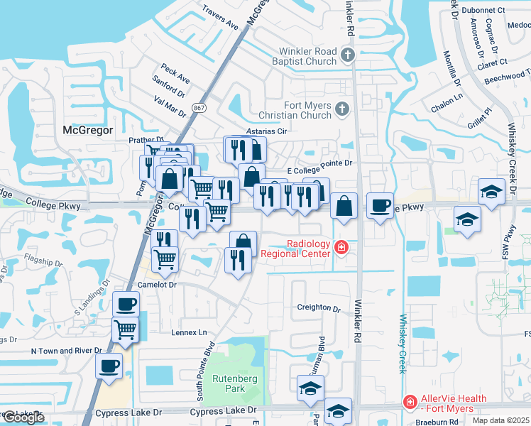 map of restaurants, bars, coffee shops, grocery stores, and more near 9041 College Parkway in Fort Myers