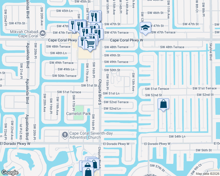 map of restaurants, bars, coffee shops, grocery stores, and more near 1517 Southwest 51st Lane in Cape Coral