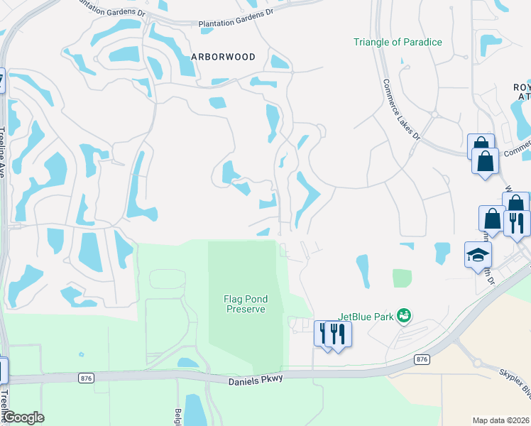 map of restaurants, bars, coffee shops, grocery stores, and more near 12911 Hadley Court in Fort Myers