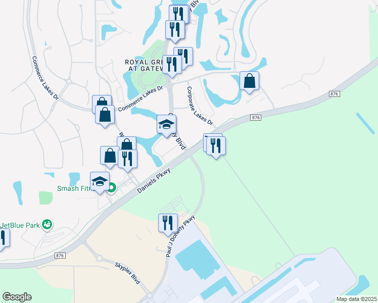 map of restaurants, bars, coffee shops, grocery stores, and more near County Highway 876 in Fort Myers