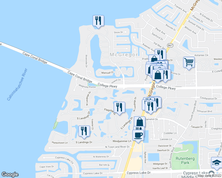 map of restaurants, bars, coffee shops, grocery stores, and more near 4100 Magnolia Pointe in Fort Myers