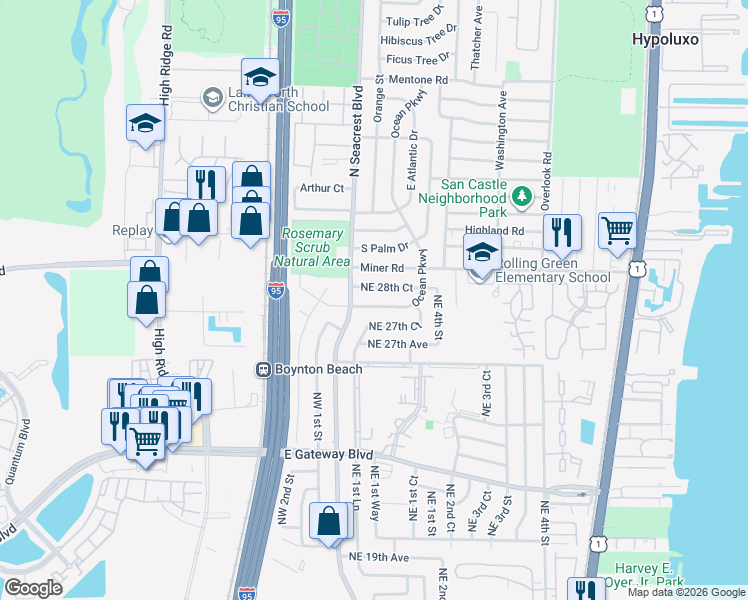 map of restaurants, bars, coffee shops, grocery stores, and more near 150 Ocean Parkway in Boynton Beach