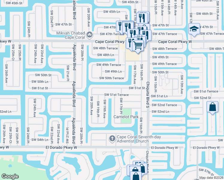 map of restaurants, bars, coffee shops, grocery stores, and more near 1825 Southwest 51st Terrace in Cape Coral