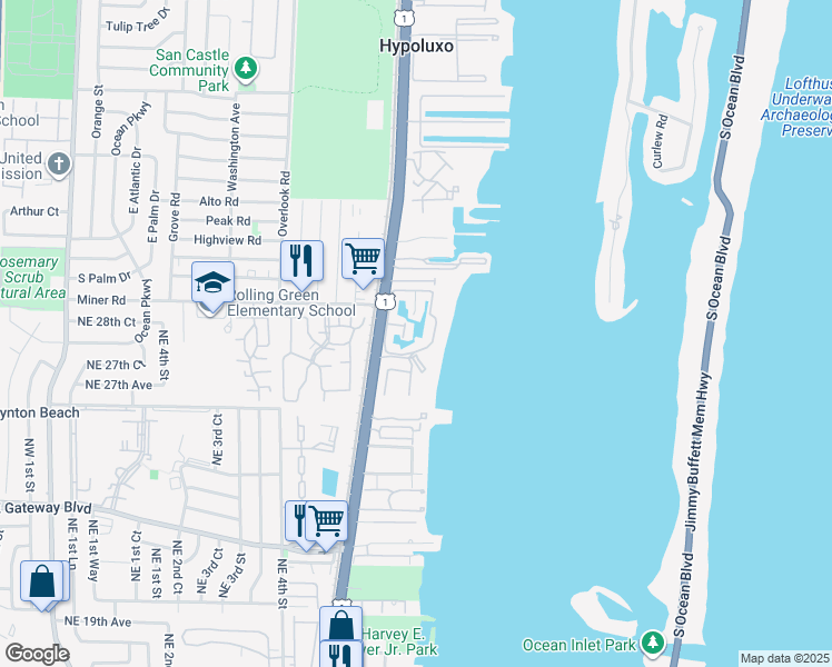 map of restaurants, bars, coffee shops, grocery stores, and more near 233 North Lakeshore Drive in Hypoluxo