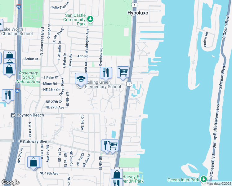 map of restaurants, bars, coffee shops, grocery stores, and more near 533 Waterside Drive in Hypoluxo
