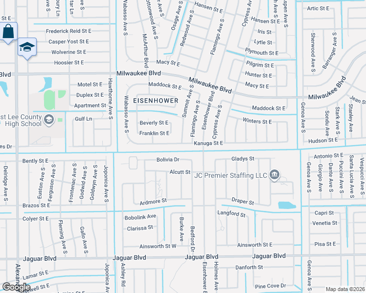 map of restaurants, bars, coffee shops, grocery stores, and more near 951 Bolivia Drive in Lehigh Acres