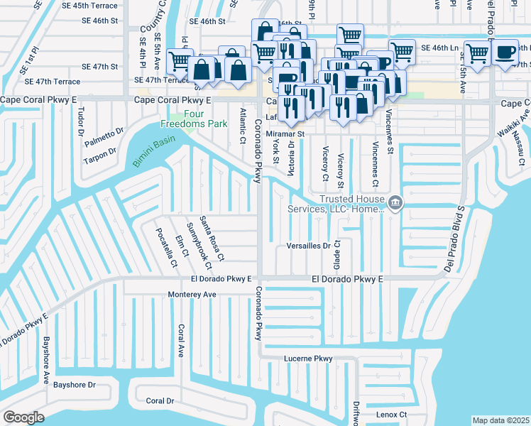 map of restaurants, bars, coffee shops, grocery stores, and more near 5136 York Court in Cape Coral