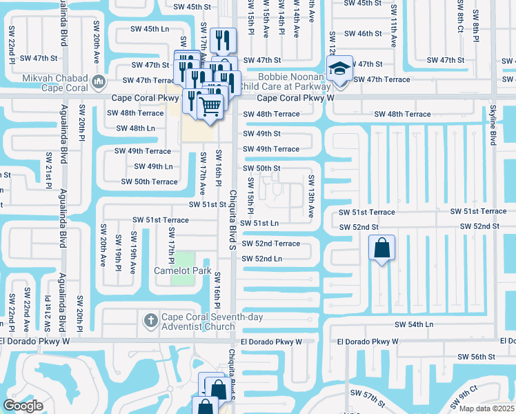 map of restaurants, bars, coffee shops, grocery stores, and more near 1517 Southwest 51st Lane in Cape Coral