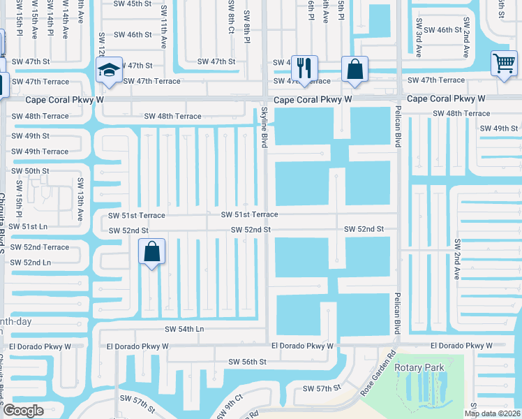 map of restaurants, bars, coffee shops, grocery stores, and more near 812 Southwest 51st Terrace in Cape Coral
