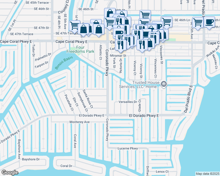 map of restaurants, bars, coffee shops, grocery stores, and more near 5136 York Court in Cape Coral