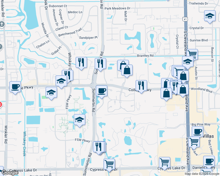 map of restaurants, bars, coffee shops, grocery stores, and more near 3413 New South Province Boulevard in Fort Myers