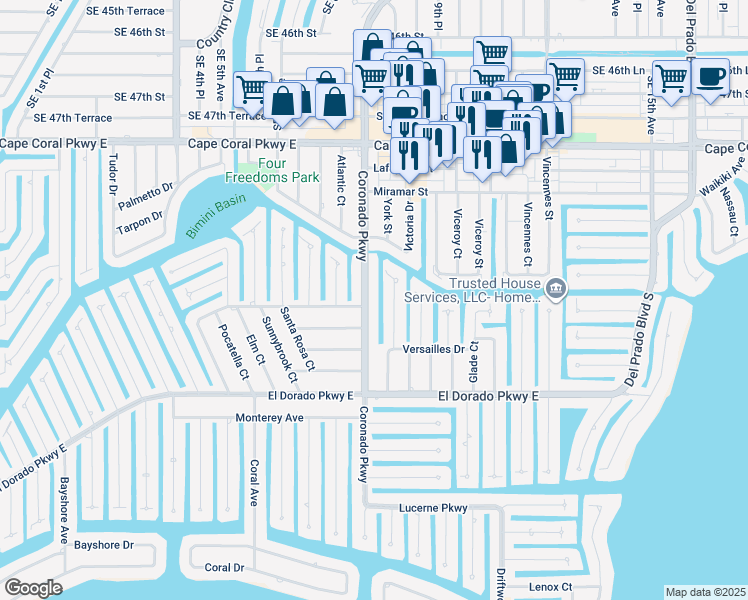 map of restaurants, bars, coffee shops, grocery stores, and more near 5131 Coronado Parkway in Cape Coral