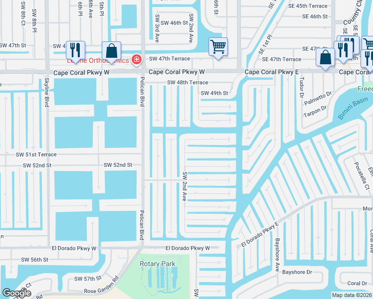 map of restaurants, bars, coffee shops, grocery stores, and more near 158 Southwest 51st Street in Cape Coral